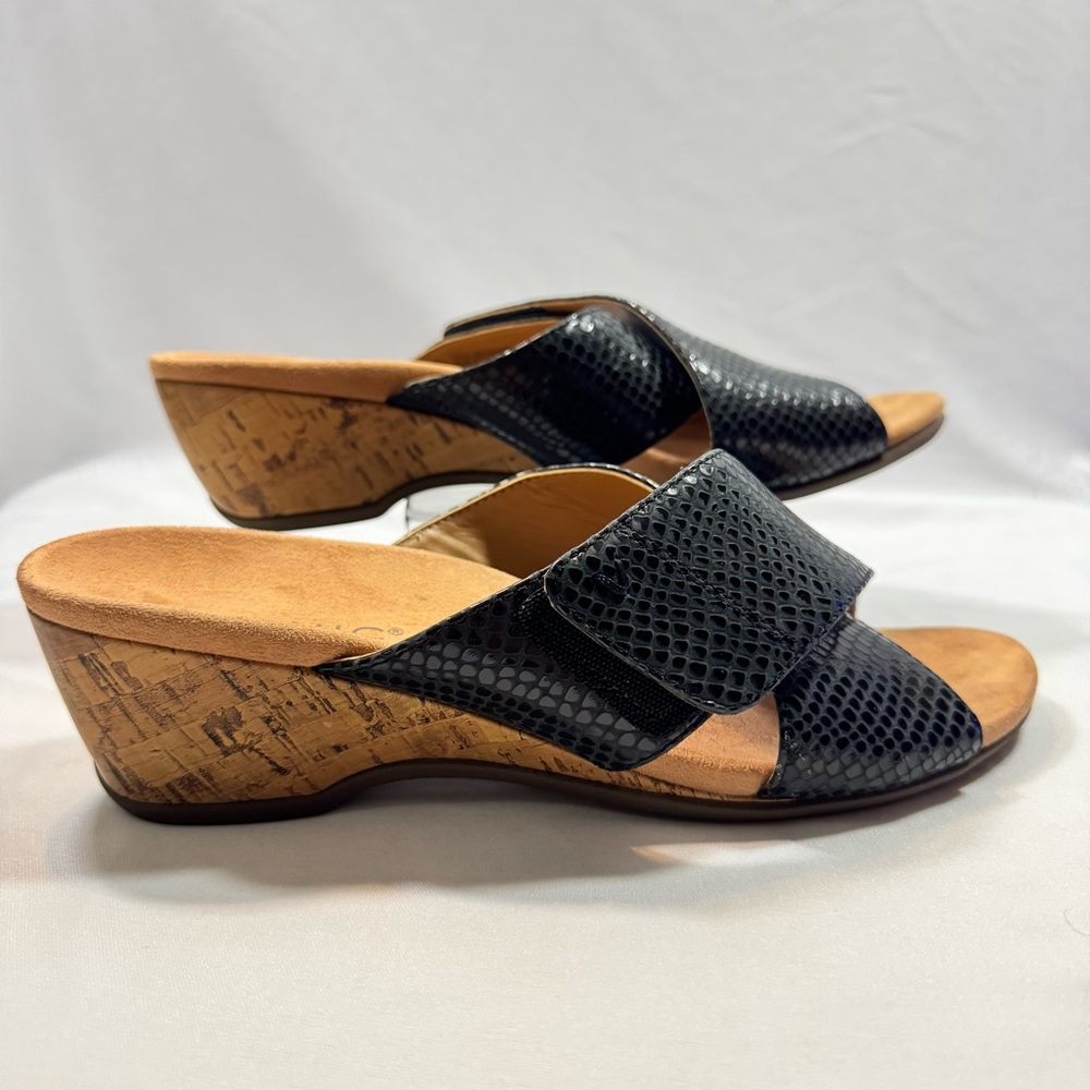 Vionic Leticia Black Snake Leather Cork Wedge Comfort Slide Sandals size 10 - Picture 3 of 13